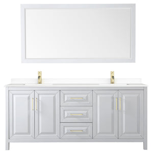 Wyndham Collection Vanity Wyndham Collection WCV252580DWGWCUNSM70 Daria 80 Inch Double Bathroom Vanity in White, White Cultured Marble Countertop, Undermount Square Sinks, 70 Inch Mirror, Brushed Gold Trim