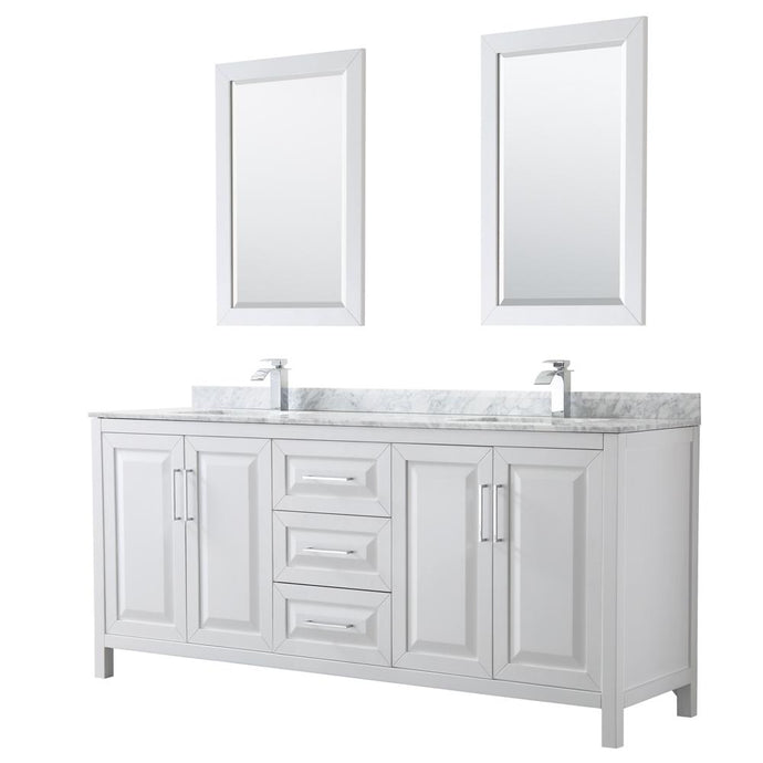 Wyndham Collection Vanity Wyndham Collection WCV252580DWHCMUNSM24 Daria 80 Inch Double Bathroom Vanity in White, White Carrara Marble Countertop, Undermount Square Sinks, and 24 Inch Mirrors