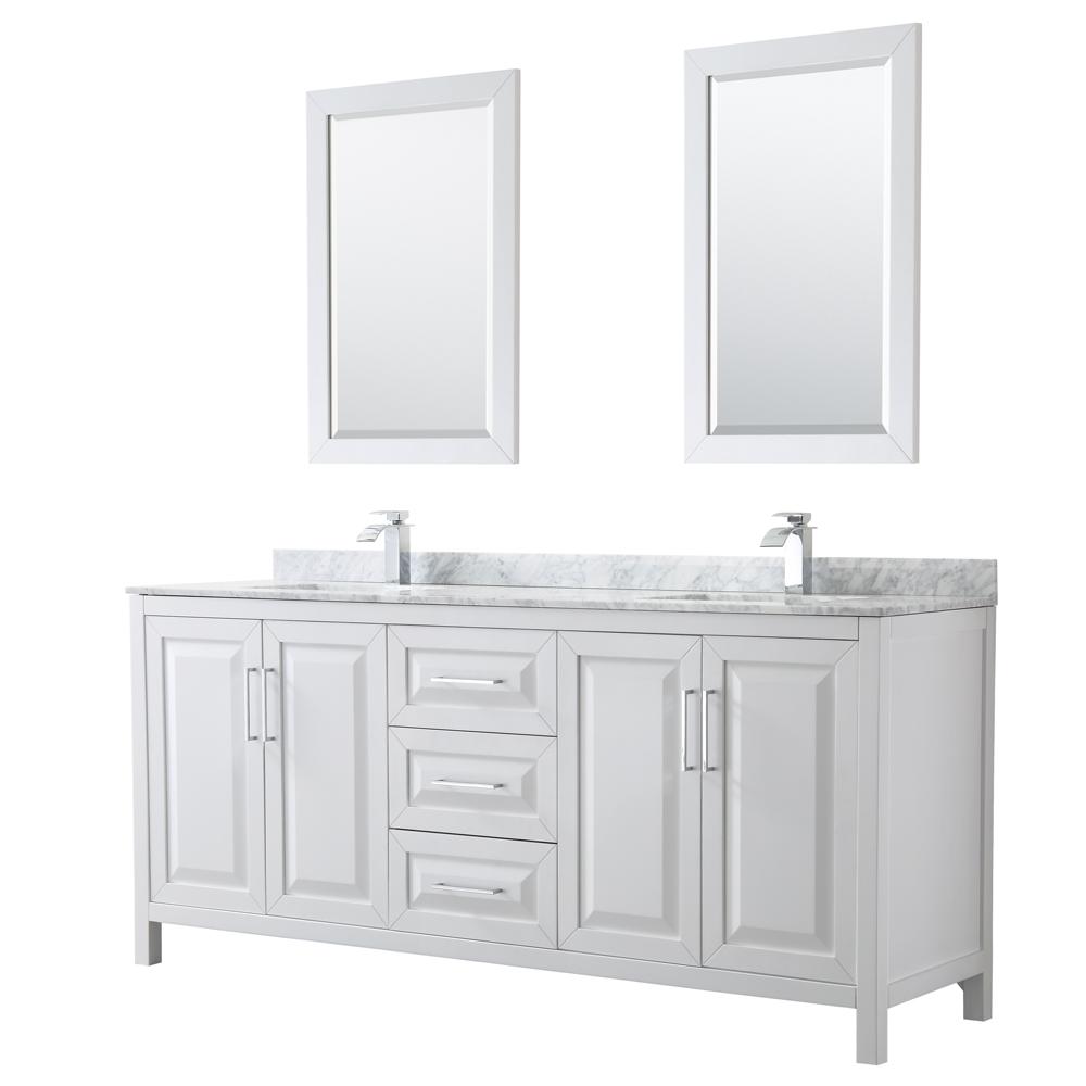 Wyndham Collection Vanity Wyndham Collection WCV252580DWHCMUNSM24 Daria 80 Inch Double Bathroom Vanity in White, White Carrara Marble Countertop, Undermount Square Sinks, and 24 Inch Mirrors