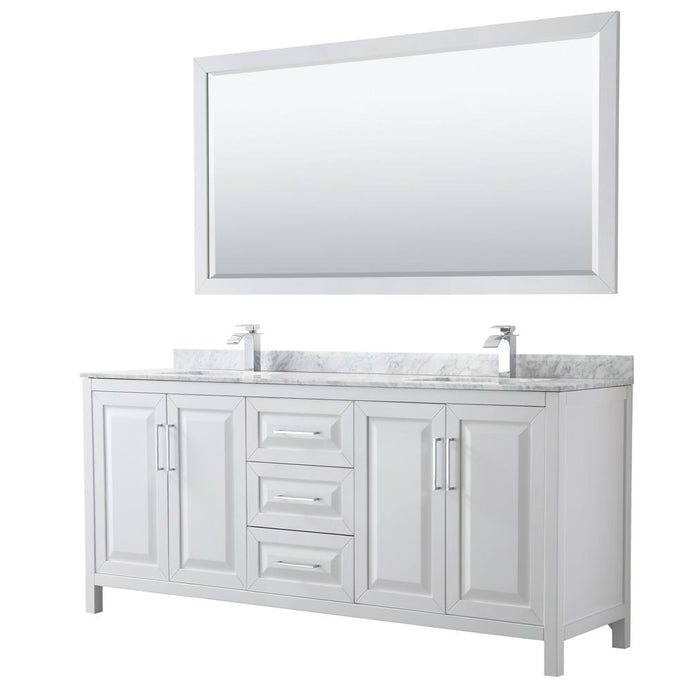 Wyndham Collection Vanity Wyndham Collection WCV252580DWHCMUNSM70 Daria 80 Inch Double Bathroom Vanity in White, White Carrara Marble Countertop, Undermount Square Sinks, and 70 Inch Mirror