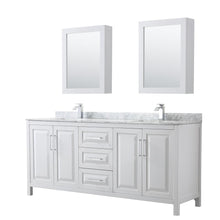 Load image into Gallery viewer, Wyndham Collection Vanity Wyndham Collection WCV252580DWHCMUNSMED Daria 80 Inch Double Bathroom Vanity in White, White Carrara Marble Countertop, Undermount Square Sinks, and Medicine Cabinets