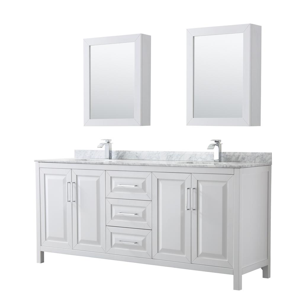 Wyndham Collection Vanity Wyndham Collection WCV252580DWHCMUNSMED Daria 80 Inch Double Bathroom Vanity in White, White Carrara Marble Countertop, Undermount Square Sinks, and Medicine Cabinets