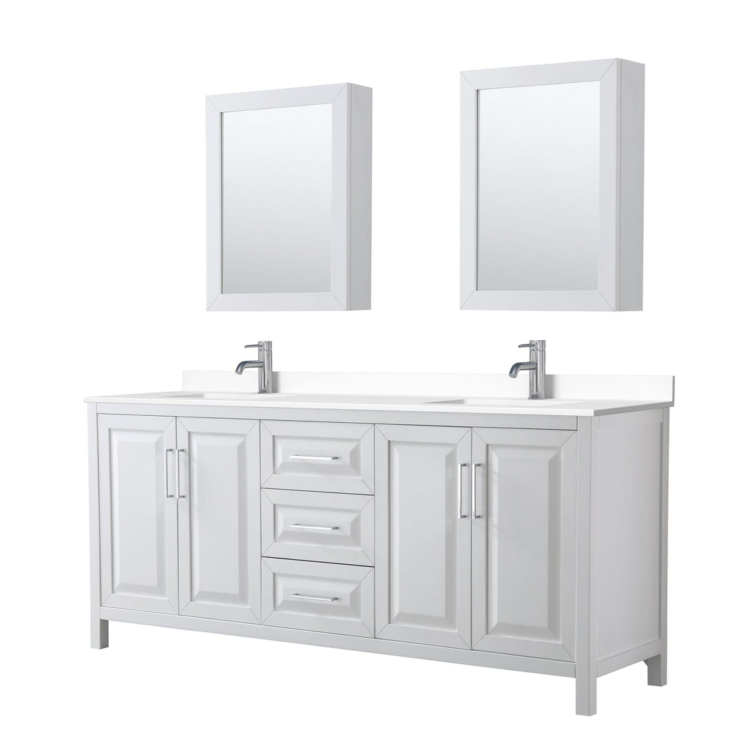 Wyndham Collection Vanity Wyndham Collection WCV252580DWHWCUNSMED Daria 80 Inch Double Bathroom Vanity in White, White Cultured Marble Countertop, Undermount Square Sinks, Medicine Cabinets