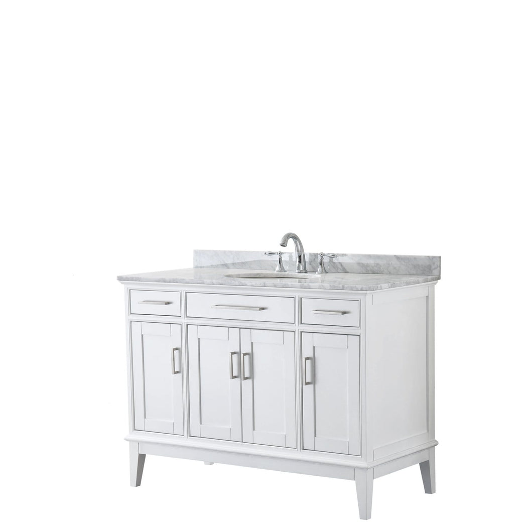 Wyndham Collection Vanity Wyndham Collection WCV303048SWHCMUNOMXX Margate 48 Inch Single Bathroom Vanity in White, White Carrara Marble Countertop, Undermount Oval Sink, and No Mirror