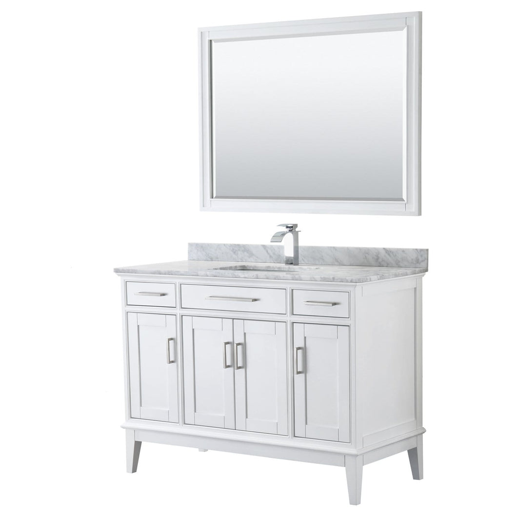 Wyndham Collection Vanity Wyndham Collection WCV303048SWHCMUNSM44 Margate 48 Inch Single Bathroom Vanity in White, White Carrara Marble Countertop, Undermount Square Sink, and 44 Inch Mirror