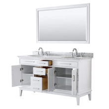 Load image into Gallery viewer, Wyndham Collection Vanity Wyndham Collection WCV303060DWHCMUNOM56 Margate 60 Inch Double Bathroom Vanity in White, White Carrara Marble Countertop, Undermount Oval Sinks, and 56 Inch Mirror