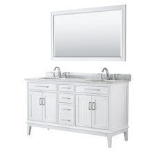 Load image into Gallery viewer, Wyndham Collection Vanity Wyndham Collection WCV303060DWHCMUNOM56 Margate 60 Inch Double Bathroom Vanity in White, White Carrara Marble Countertop, Undermount Oval Sinks, and 56 Inch Mirror