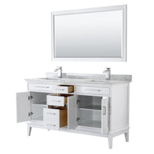 Load image into Gallery viewer, Wyndham Collection Vanity Wyndham Collection WCV303060DWHCMUNSM56 Margate 60 Inch Double Bathroom Vanity in White, White Carrara Marble Countertop, Undermount Square Sinks, and 56 Inch Mirror