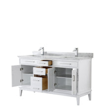 Load image into Gallery viewer, Wyndham Collection Vanity Wyndham Collection WCV303060DWHCMUNSMXX Margate 60 Inch Double Bathroom Vanity in White, White Carrara Marble Countertop, Undermount Square Sinks, and No Mirror