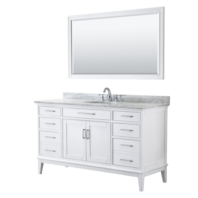 Wyndham Collection Vanity Wyndham Collection WCV303060SWHCMUNOM56 Margate 60 Inch Single Bathroom Vanity in White, White Carrara Marble Countertop, Undermount Oval Sink, and 56 Inch Mirror