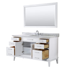 Load image into Gallery viewer, Wyndham Collection Vanity Wyndham Collection WCV303060SWHCMUNOM56 Margate 60 Inch Single Bathroom Vanity in White, White Carrara Marble Countertop, Undermount Oval Sink, and 56 Inch Mirror