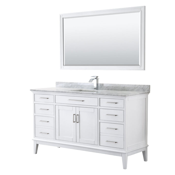 Wyndham Collection Vanity Wyndham Collection WCV303060SWHCMUNSM56 Margate 60 Inch Single Bathroom Vanity in White, White Carrara Marble Countertop, Undermount Square Sink, and 56 Inch Mirror