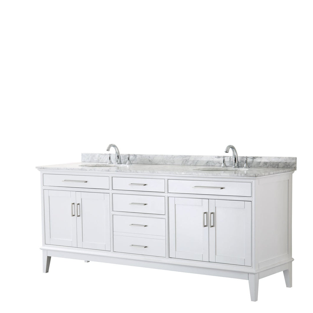 Wyndham Collection Vanity Wyndham Collection WCV303080DWHCMUNOMXX Margate 80 Inch Double Bathroom Vanity in White, White Carrara Marble Countertop, Undermount Oval Sinks, and No Mirror