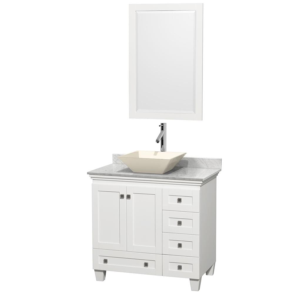 Wyndham Collection Vanity Wyndham Collection WCV800036SWHCMD2BM24 Acclaim 36 Inch Single Bathroom Vanity in White, White Carrara Marble Countertop, Pyra Bone Porcelain Sink, and 24 Inch Mirror