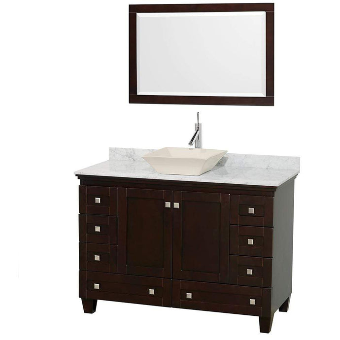 Wyndham Collection Vanity Wyndham Collection WCV800048SESCMD2BM24 Acclaim 48 Inch Single Bathroom Vanity in Espresso, White Carrara Marble Countertop, Pyra Bone Sink, and 24 Inch Mirror