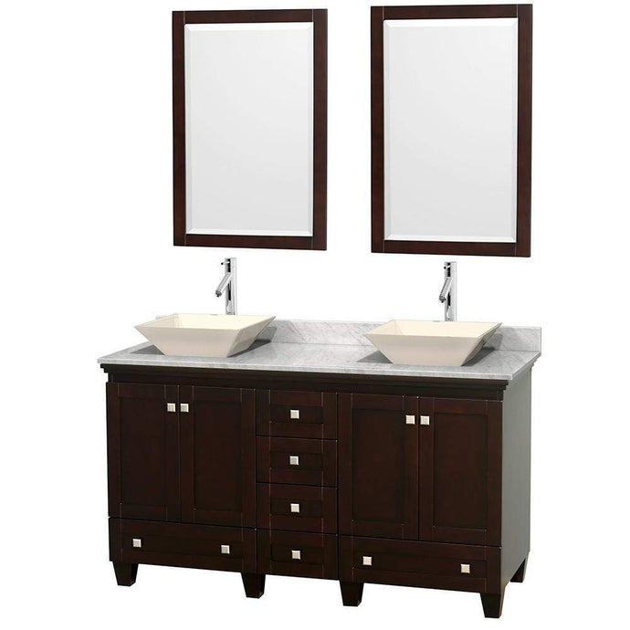 Wyndham Collection Vanity Wyndham Collection WCV800060DESCMD2BM24 Acclaim 60 Inch Double Bathroom Vanity in Espresso, White Carrara Marble Countertop, Pyra Bone Sinks, and 24 Inch Mirrors