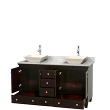 Load image into Gallery viewer, Wyndham Collection Vanity Wyndham Collection WCV800060DESCMD2BMXX Acclaim 60 Inch Double Bathroom Vanity in Espresso, White Carrara Marble Countertop, Pyra Bone Sinks, and No Mirrors