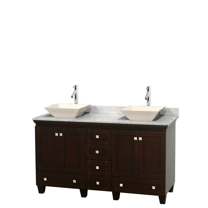 Wyndham Collection Vanity Wyndham Collection WCV800060DESCMD2BMXX Acclaim 60 Inch Double Bathroom Vanity in Espresso, White Carrara Marble Countertop, Pyra Bone Sinks, and No Mirrors