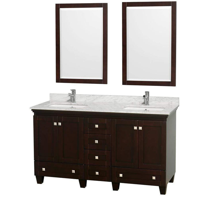 Wyndham Collection Vanity Wyndham Collection WCV800060DESCMUNSM24 Acclaim 60 Inch Double Bathroom Vanity in Espresso, White Carrara Marble Countertop, Undermount Square Sinks, and 24 Inch Mirrors