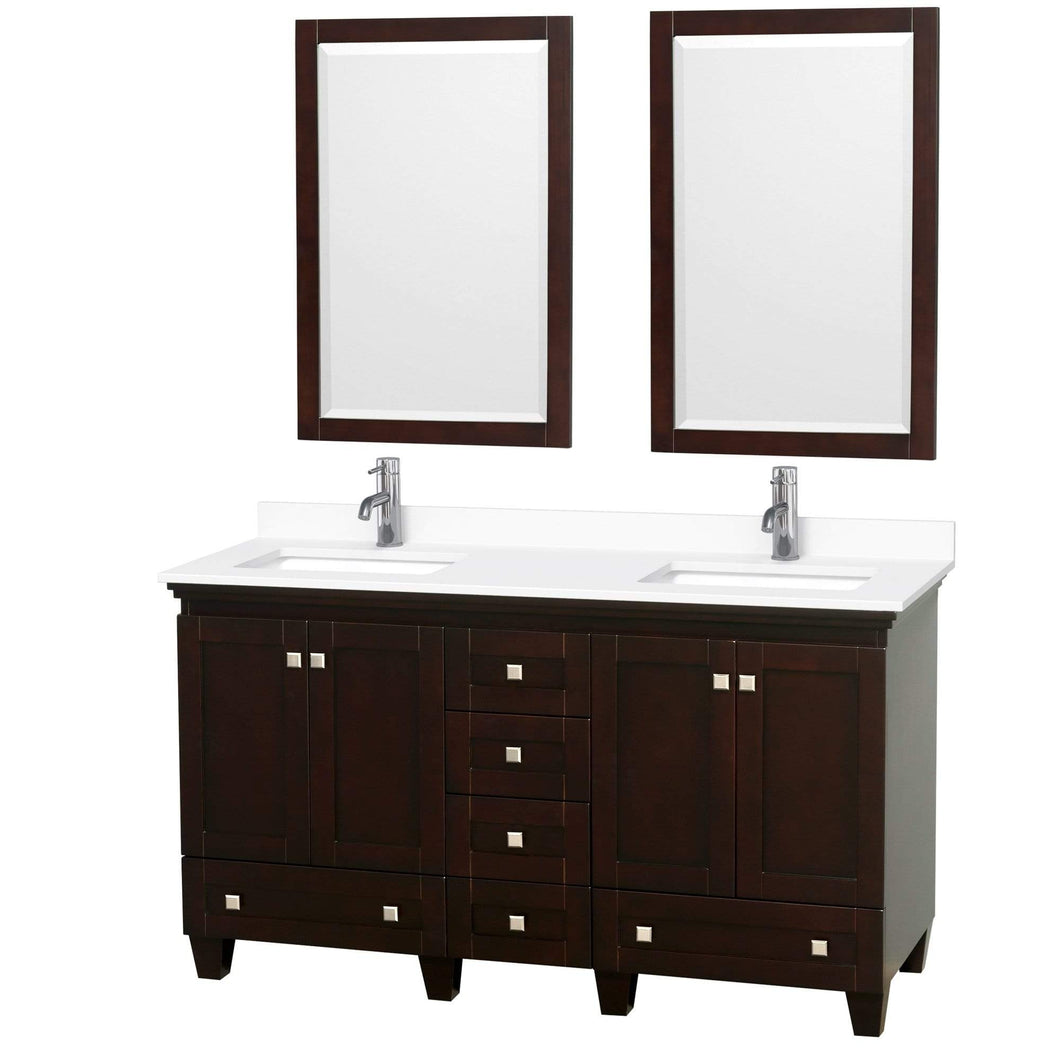 Wyndham Collection Vanity Wyndham Collection WCV800060DESWCUNSM24 Acclaim 60 Inch Double Bathroom Vanity in Espresso, White Cultured Marble Countertop, Undermount Square Sinks, 24 Inch Mirrors