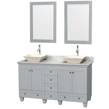 Load image into Gallery viewer, Wyndham Collection Vanity Wyndham Collection WCV800060DOYCMD2BM24 Acclaim 60 Inch Double Bathroom Vanity in Oyster Gray, White Carrara Marble Countertop, Pyra Bone Porcelain Sinks, and 24 Inch Mirrors