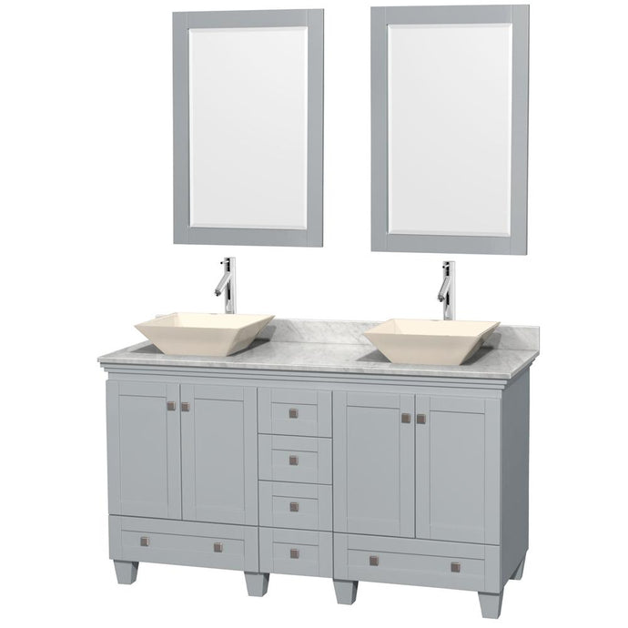 Wyndham Collection Vanity Wyndham Collection WCV800060DOYCMD2BM24 Acclaim 60 Inch Double Bathroom Vanity in Oyster Gray, White Carrara Marble Countertop, Pyra Bone Porcelain Sinks, and 24 Inch Mirrors