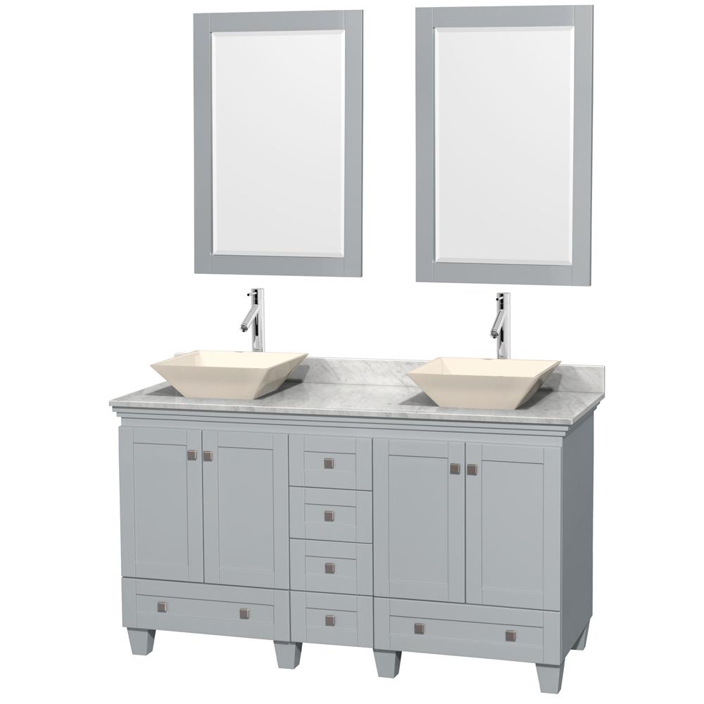 Wyndham Collection Vanity Wyndham Collection WCV800060DOYCMD2BM24 Acclaim 60 Inch Double Bathroom Vanity in Oyster Gray, White Carrara Marble Countertop, Pyra Bone Porcelain Sinks, and 24 Inch Mirrors