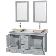 Load image into Gallery viewer, Wyndham Collection Vanity Wyndham Collection WCV800060DOYCMD2BM24 Acclaim 60 Inch Double Bathroom Vanity in Oyster Gray, White Carrara Marble Countertop, Pyra Bone Porcelain Sinks, and 24 Inch Mirrors