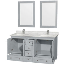 Load image into Gallery viewer, Wyndham Collection Vanity Wyndham Collection WCV800060DOYCMUNSM24 Acclaim 60 Inch Double Bathroom Vanity in Oyster Gray, White Carrara Marble Countertop, Undermount Square Sinks, and 24 Inch Mirrors