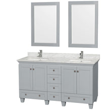 Load image into Gallery viewer, Wyndham Collection Vanity Wyndham Collection WCV800060DOYCMUNSM24 Acclaim 60 Inch Double Bathroom Vanity in Oyster Gray, White Carrara Marble Countertop, Undermount Square Sinks, and 24 Inch Mirrors