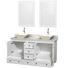 Load image into Gallery viewer, Wyndham Collection Vanity Wyndham Collection WCV800060DWHCMD2BM24 Acclaim 60 Inch Double Bathroom Vanity in White, White Carrara Marble Countertop, Pyra Bone Sinks, and 24 Inch Mirrors