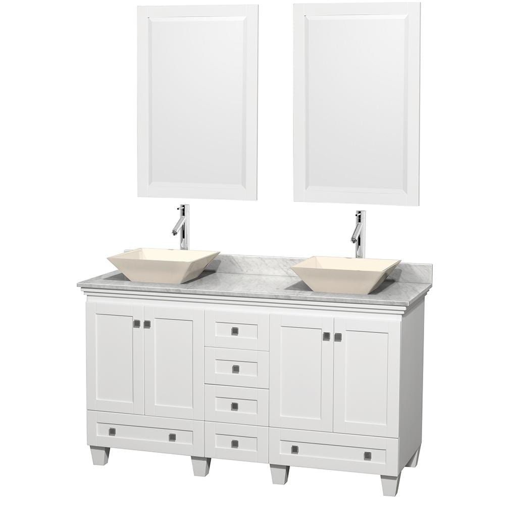 Wyndham Collection Vanity Wyndham Collection WCV800060DWHCMD2BM24 Acclaim 60 Inch Double Bathroom Vanity in White, White Carrara Marble Countertop, Pyra Bone Sinks, and 24 Inch Mirrors