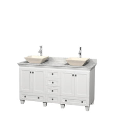 Load image into Gallery viewer, Wyndham Collection Vanity Wyndham Collection WCV800060DWHCMD2BMXX Acclaim 60 Inch Double Bathroom Vanity in White, White Carrara Marble Countertop, Pyra Bone Sinks, and No Mirrors