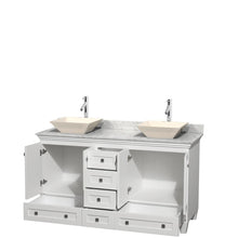 Load image into Gallery viewer, Wyndham Collection Vanity Wyndham Collection WCV800060DWHCMD2BMXX Acclaim 60 Inch Double Bathroom Vanity in White, White Carrara Marble Countertop, Pyra Bone Sinks, and No Mirrors
