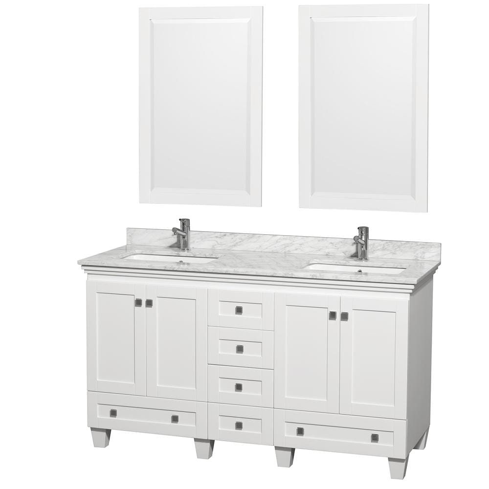 Wyndham Collection Vanity Wyndham Collection WCV800060DWHCMUNSM24 Acclaim 60 Inch Double Bathroom Vanity in White, White Carrara Marble Countertop, Undermount Square Sinks, and 24 Inch Mirrors