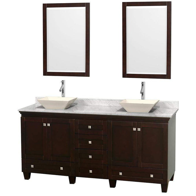 Wyndham Collection Vanity Wyndham Collection WCV800072DESCMD2BM24 Acclaim 72 Inch Double Bathroom Vanity in Espresso, White Carrara Marble Countertop, Pyra Bone Sinks, and 24 Inch Mirrors