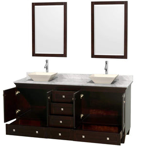 Wyndham Collection Vanity Wyndham Collection WCV800072DESCMD2BM24 Acclaim 72 Inch Double Bathroom Vanity in Espresso, White Carrara Marble Countertop, Pyra Bone Sinks, and 24 Inch Mirrors