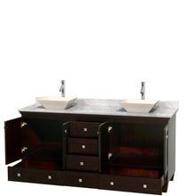 Load image into Gallery viewer, Wyndham Collection Vanity Wyndham Collection WCV800072DESCMD2BMXX Acclaim 72 Inch Double Bathroom Vanity in Espresso, White Carrara Marble Countertop, Pyra Bone Sinks, and No Mirrors