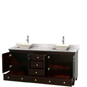 Wyndham Collection Vanity Wyndham Collection WCV800072DESCMD2BMXX Acclaim 72 Inch Double Bathroom Vanity in Espresso, White Carrara Marble Countertop, Pyra Bone Sinks, and No Mirrors
