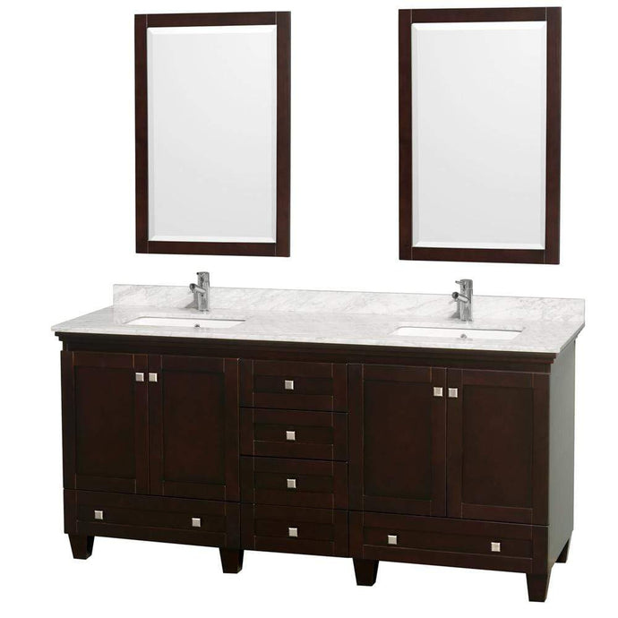 Wyndham Collection Vanity Wyndham Collection WCV800072DESCMUNSM24 Acclaim 72 Inch Double Bathroom Vanity in Espresso, White Carrara Marble Countertop, Undermount Square Sinks, and 24 Inch Mirrors