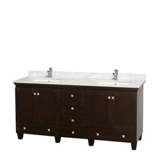 Load image into Gallery viewer, Wyndham Collection Vanity Wyndham Collection WCV800072DESCMUNSMXX Acclaim 72 Inch Double Bathroom Vanity in Espresso, White Carrara Marble Countertop, Undermount Square Sinks, and No Mirrors