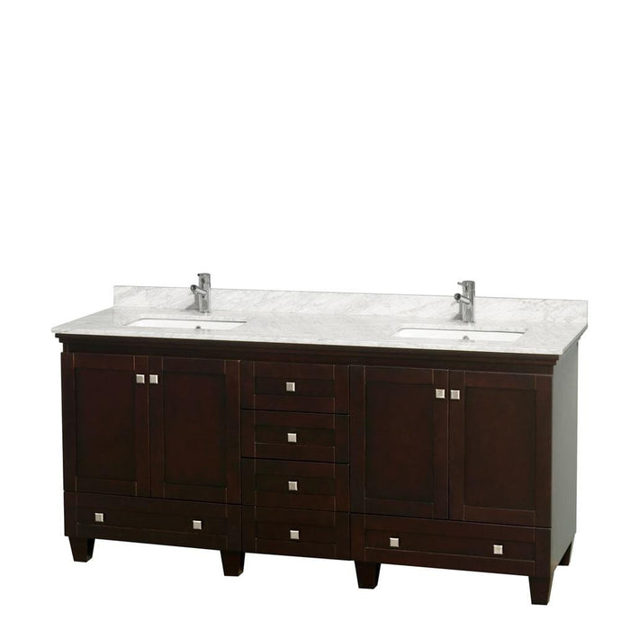 Wyndham Collection Vanity Wyndham Collection WCV800072DESCMUNSMXX Acclaim 72 Inch Double Bathroom Vanity in Espresso, White Carrara Marble Countertop, Undermount Square Sinks, and No Mirrors