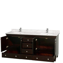 Load image into Gallery viewer, Wyndham Collection Vanity Wyndham Collection WCV800072DESCMUNSMXX Acclaim 72 Inch Double Bathroom Vanity in Espresso, White Carrara Marble Countertop, Undermount Square Sinks, and No Mirrors