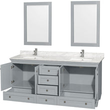 Load image into Gallery viewer, Wyndham Collection Vanity Wyndham Collection WCV800072DOYCMUNSM24 Acclaim 72 Inch Double Bathroom Vanity in Oyster Gray, White Carrara Marble Countertop, Undermount Square Sinks, and 24 Inch Mirrors