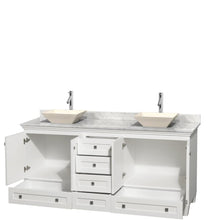 Load image into Gallery viewer, Wyndham Collection Vanity Wyndham Collection WCV800072DWHCMD2BMXX Acclaim 72 Inch Double Bathroom Vanity in White, White Carrara Marble Countertop, Pyra Bone Sinks, and No Mirrors