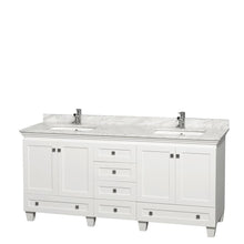 Load image into Gallery viewer, Wyndham Collection Vanity Wyndham Collection WCV800072DWHCMUNSMXX Acclaim 72 Inch Double Bathroom Vanity in White, White Carrara Marble Countertop, Undermount Square Sinks, and No Mirrors