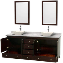 Load image into Gallery viewer, Wyndham Collection Vanity Wyndham Collection WCV800080DESCMD2BM24 Acclaim 80 Inch Double Bathroom Vanity in Espresso, White Carrara Marble Countertop, Pyra Bone Porcelain Sinks, and 24 Inch Mirrors