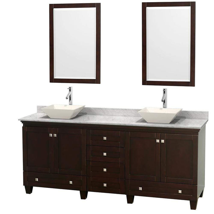 Wyndham Collection Vanity Wyndham Collection WCV800080DESCMD2BM24 Acclaim 80 Inch Double Bathroom Vanity in Espresso, White Carrara Marble Countertop, Pyra Bone Porcelain Sinks, and 24 Inch Mirrors