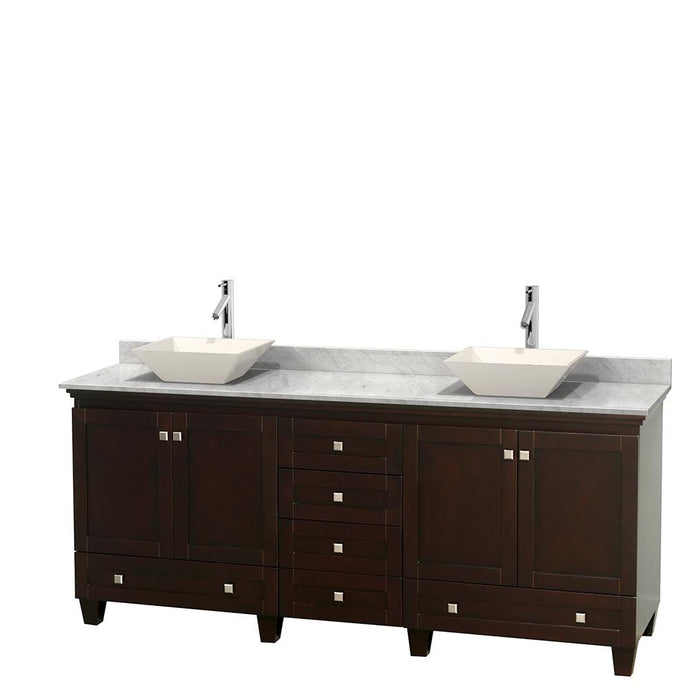 Wyndham Collection Vanity Wyndham Collection WCV800080DESCMD2BMXX Acclaim 80 Inch Double Bathroom Vanity in Espresso, White Carrara Marble Countertop, Pyra Bone Porcelain Sinks, and No Mirrors