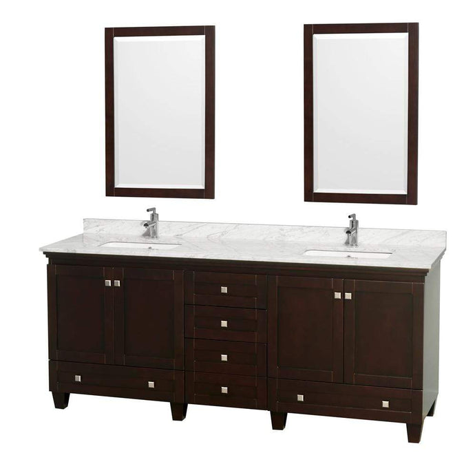 Wyndham Collection Vanity Wyndham Collection WCV800080DESCMUNSM24 Acclaim 80 Inch Double Bathroom Vanity in Espresso, White Carrara Marble Countertop, Undermount Square Sinks, and 24 Inch Mirrors